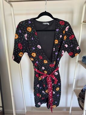 Fashion Union Black Floral Mini Dress with Red Tie
